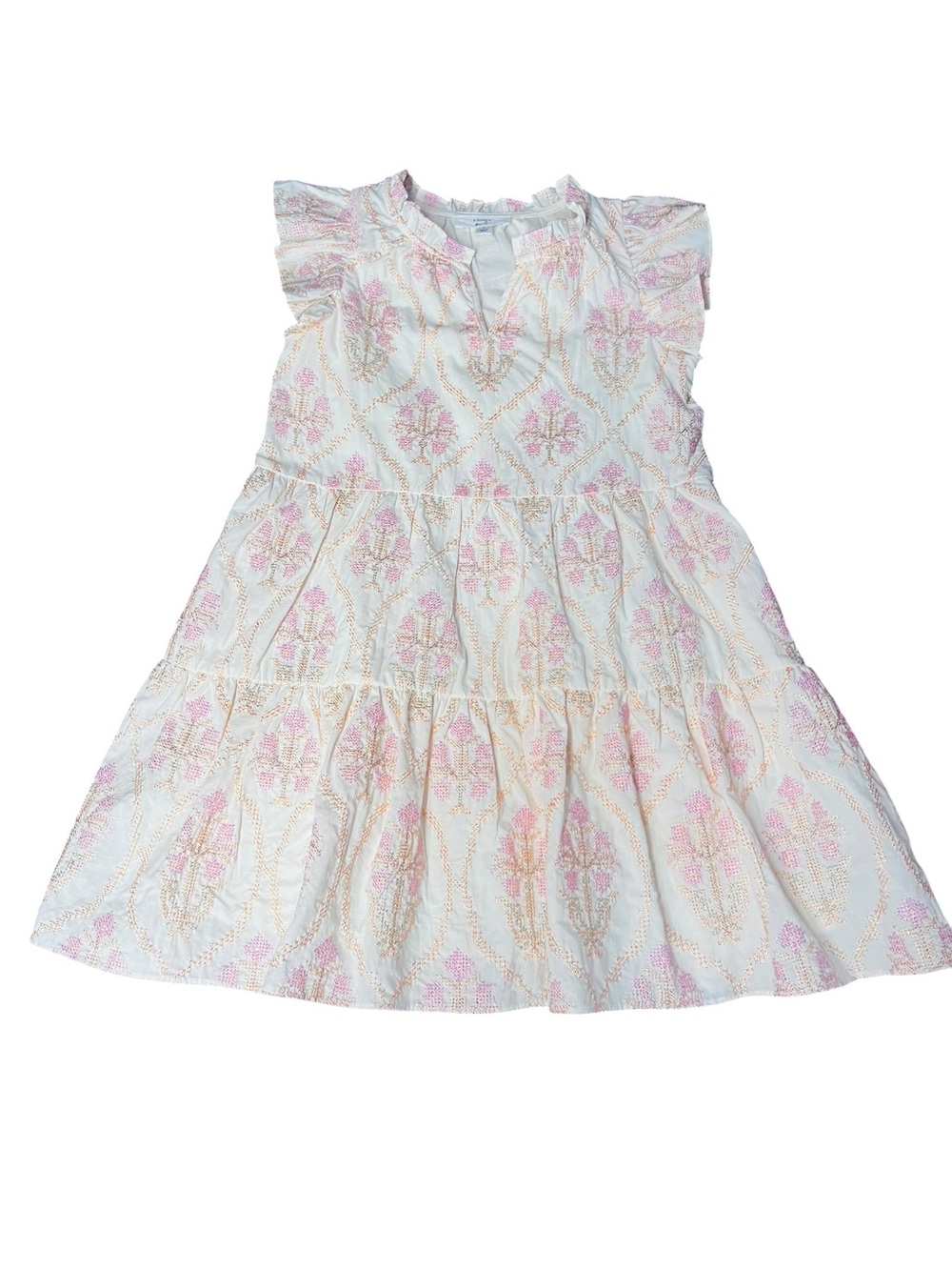 A Loves A Girls Peach And Punk Floral Embroidered Tiered Girls Dress Size Small